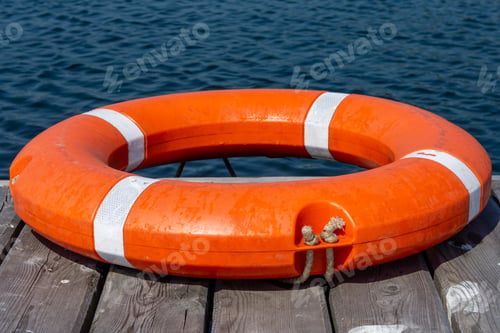 Preview: The lifebuoy is lying on a wooden pier. The concept of saving drowning
