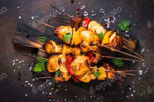 Preview: Chicken kebab with vegetables on skewers top view