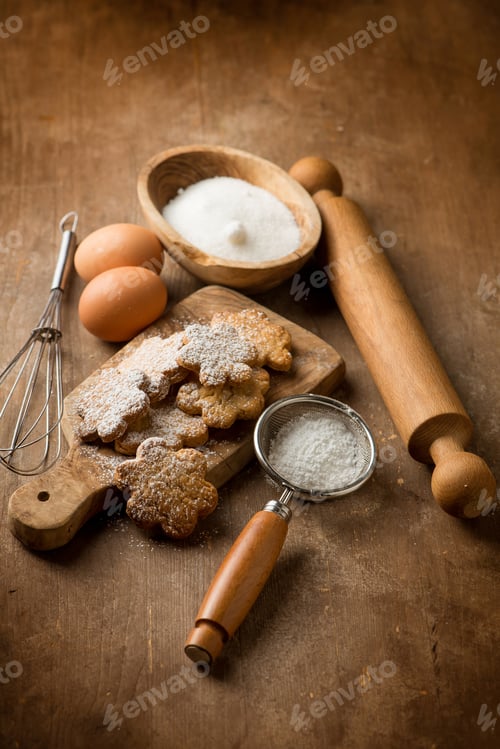 Preview: homemade shortbread cookies with rolling pin and ingredients