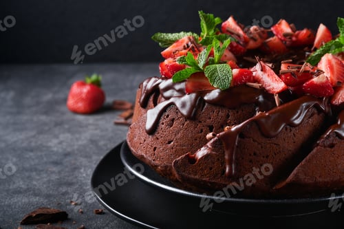 Preview: Dark Chocolate Bundt Cake with Ganache Icing and strawberry on dark stone or concrete table backgrou