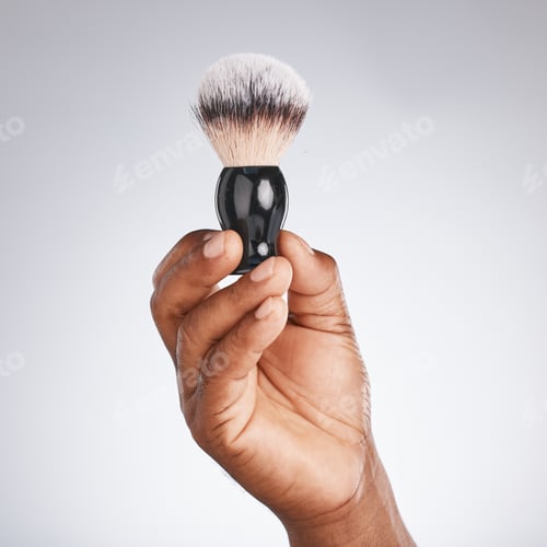 Preview: Hand, brush and shaving with beauty and black man, hygiene and grooming with skincare mockup. Shave