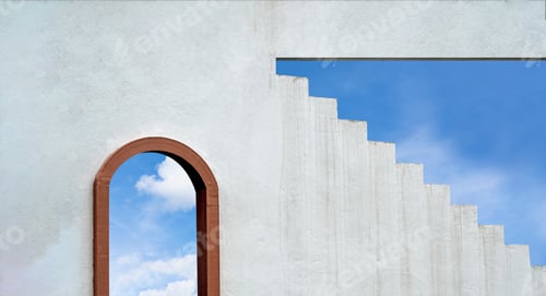 Preview: Cement wall and Step Stair with Window Frame,Concrete Wall with Tuscany Arches Door against Blue Sky