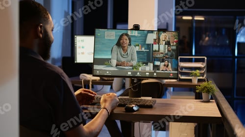 Preview: Office worker attending business meeting on videocall conference
