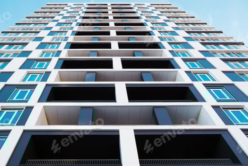 Preview: From below shot of modern and new apartment building. Tall block of flats against a blue sky.