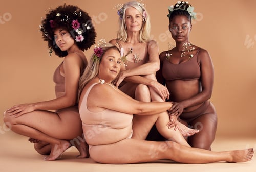 Preview: Portrait, flowers and group of women in lingerie in studio isolated on brown background. Floral cos