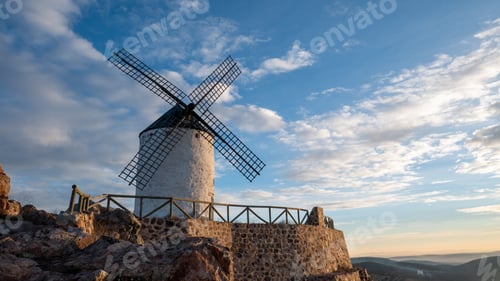 Preview: Windmill of Campo de Criptana surrounded by rocks and hills under a cloudy sky in Spain