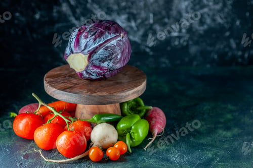 Preview: front view fresh vegetables radish tomatoes and cabbage on dark background health color food salad