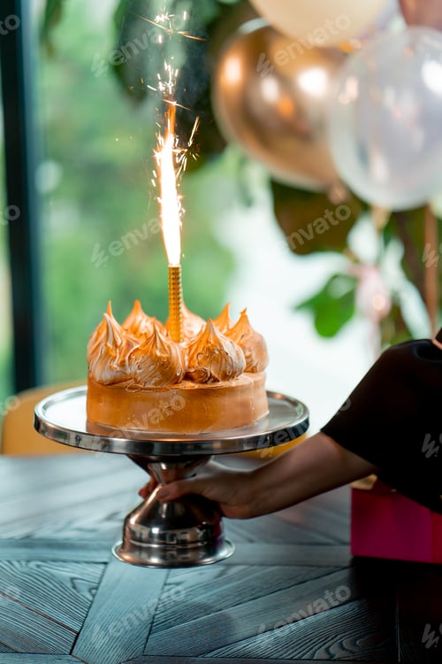 Preview: close-up of delicious appetizing cake with lit candle during birthday celebration restaurant