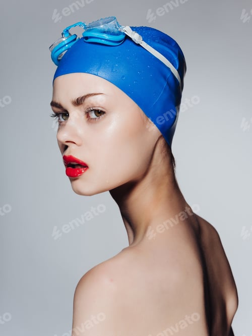 Preview: woman with bare shoulders swimming cap athlete workout sport