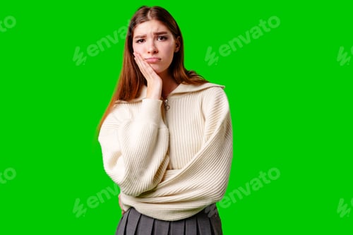 Preview: Young Woman Looking Bored and Disinterested Against Green Background