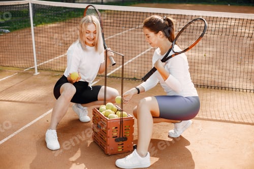 Preview: Two European athlete women at tennis playground