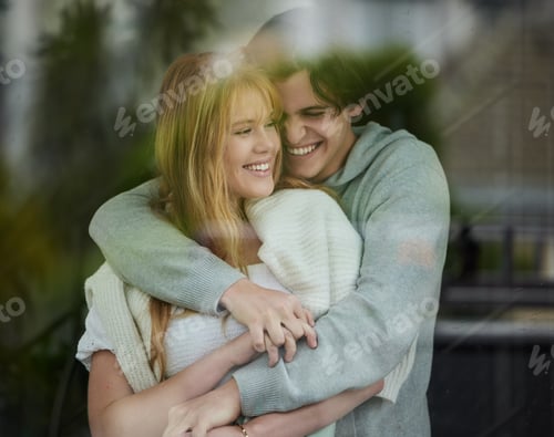 Preview: Couple hug, happiness with smile by window and love with young people, partnership and holding hand