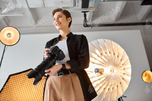 Preview: joyful female photographer in casual attire with camera in her hands smiling and looking away
