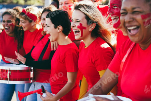 Preview: Multiracial red sport fans screaming while supporting their team