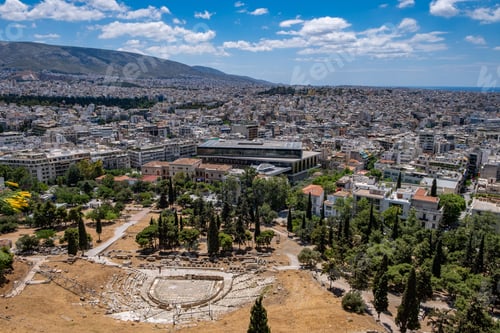 Preview: Athens, Greece cityscape, Dionysus theatre and Acropolis museum aerial birds eye view,