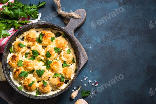 Preview: Meatballs in cream sauce on dark stone table top view