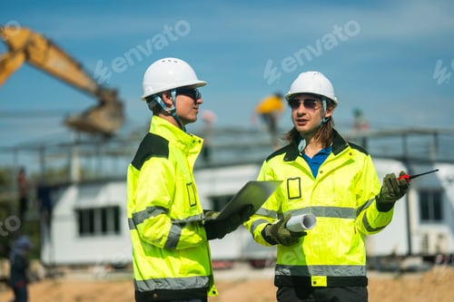 Preview: An engineer in visibility jacket and helmet working on construction site.