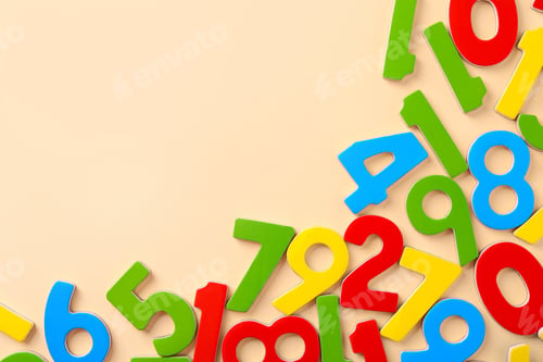 Preview: Colorful numbers on beige background, flat lay. Space for text