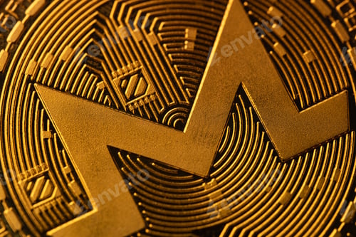 Preview: top view extreme macro closeup of crypto Monero golden coin logo