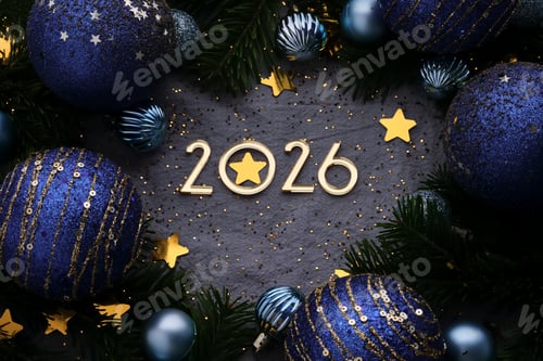 Visualização: Fundo azul de Ano Novo de 2026. Número do próximo ano na decoração de Natal.