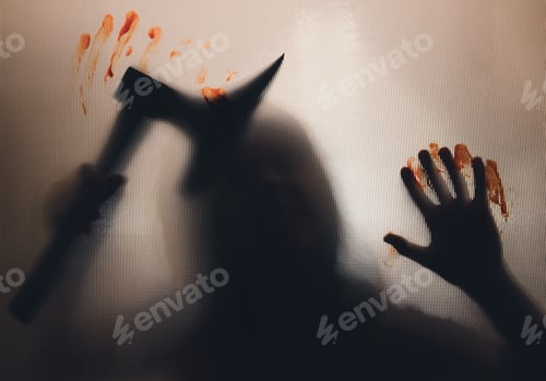 Preview: Woman killer with a, axe in her hand and blood. Creepy background