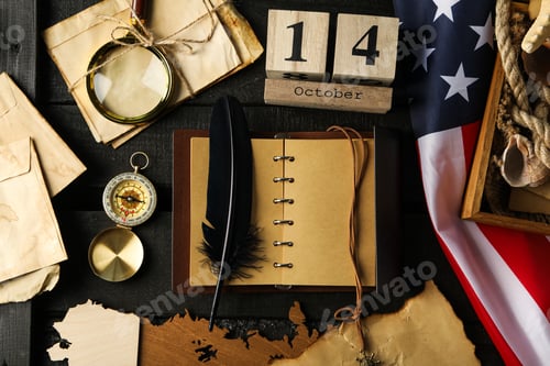 Preview: Columbus Day. Wooden calendar with notebook and American flag