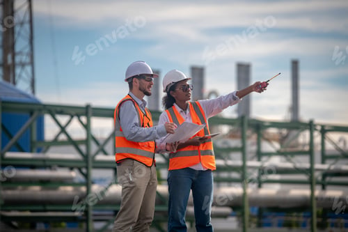 Preview: Engineers railway team wearing safety uniform and helmet under conversation document on hand inspect