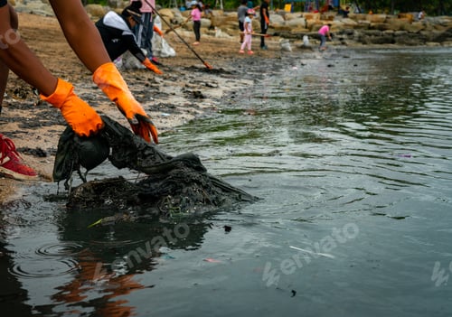 Preview: Adult and children volunteers collecting garbage on the sea beach. Beach environment pollution.