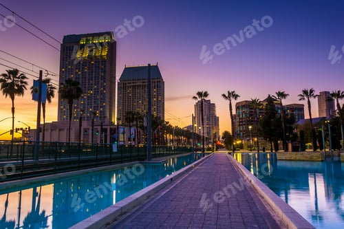 Preview: Skyscrapers And The Children'S Pond At Sunset, In San Diego, California.