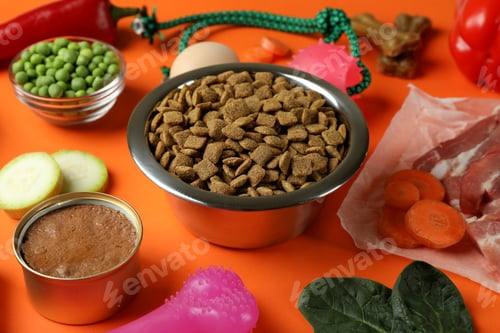 Preview: Concept of organic pet food on orange background