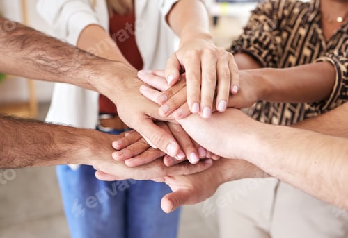Preview: Teamwork hands, motivation and team building trust with mission for growth vision, partnership deal