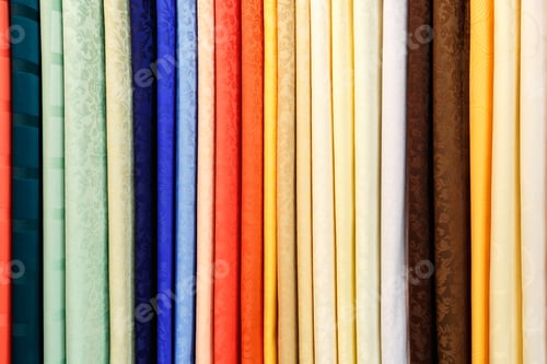 Preview: wide selection of different color textile silk fabrics clothes lay in row in drapery store