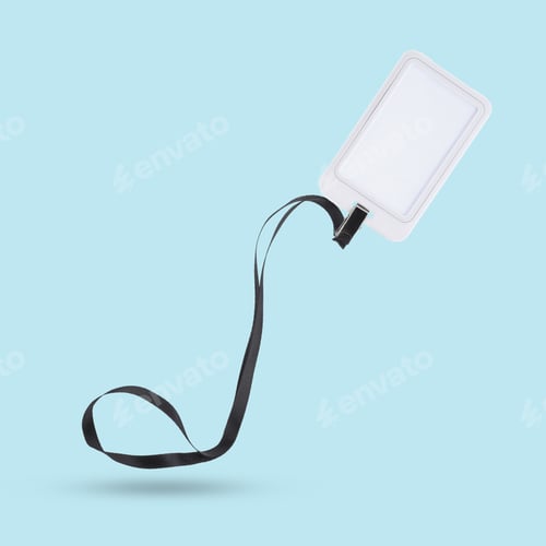 Preview: Blank badge in air on light blue background. Mockup for design