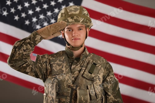 Preview: Male soldier saluting against American flag. Military service