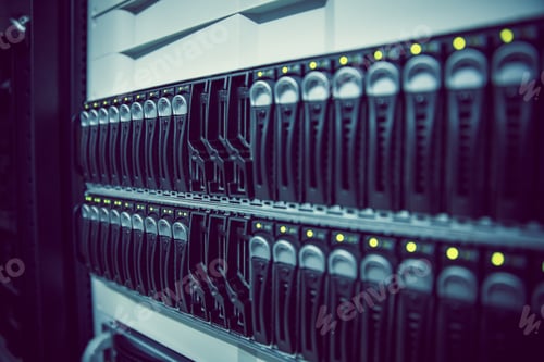 Preview: Black rack mounted server tower in large data center