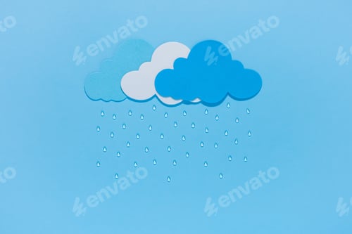 Preview: Paper cut clouds with rain drops on blue background.