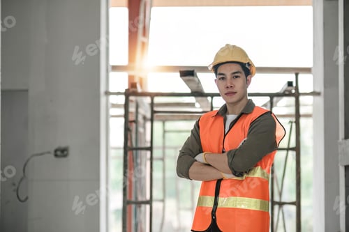 Preview: Portrait of asian man architect at building site with folded arms looking at camera. Confident