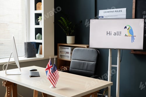 Preview: English Teachers Workplace Equipped with Computer and Digital Display in Classroom