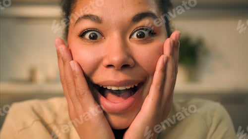 Preview: Close up portrait African American ethnic woman smiling girl happy homeowner housewife mother smile