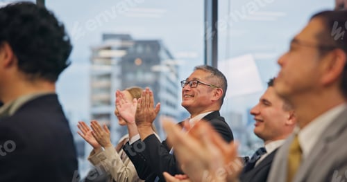 Preview: Applause, audience and conference with business people in office for success or support. Education,