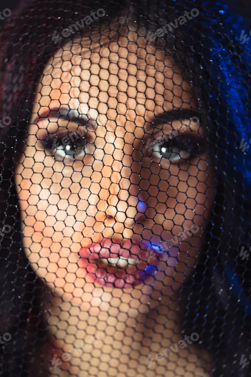 Preview: portrait of a beautiful sexy brunette woman through black lace