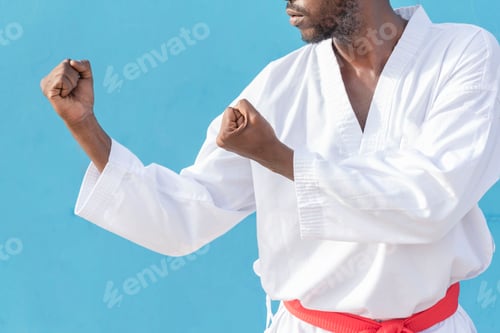Preview: Man Wearing White Kimono with Red Belt