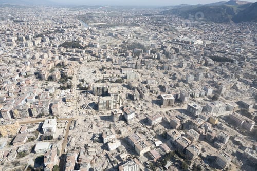 Preview: Turkey earthquake aerial view. Aerial view of collapsed buildings in Hatay