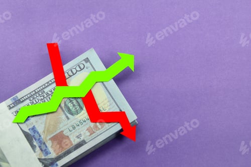 Preview: money with up and down arrows. the concept of inflation or profit