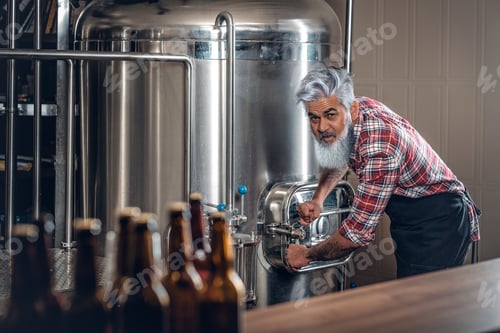 Preview: Old man dressed in apron working in modern brewery