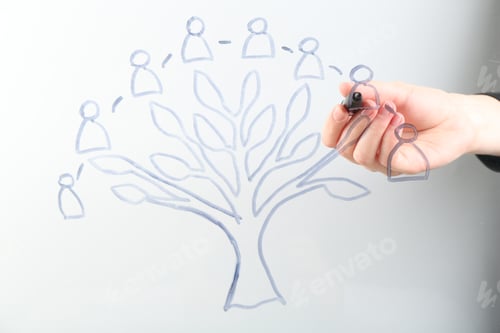 Preview: Woman drawing family tree on screen against light background, closeup