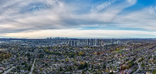 Preview: Panoramic Aerial View of Burnaby and Greater Vancouver Skyline With Autumn Colors and Clouds
