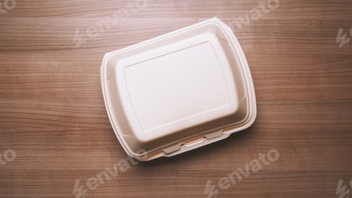Preview: take-away box or take-out foam container from food delivery service on wooden table