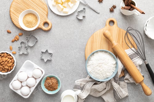 Preview: Christmas culinary background with baking ingredients, copy space for text, top down view