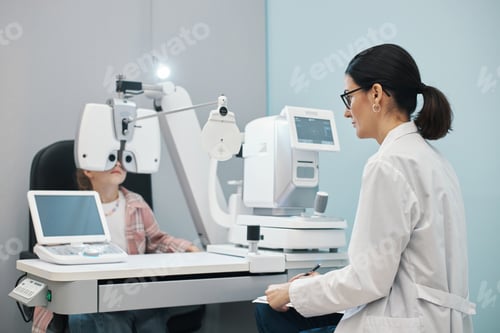 Preview: Female Optometrist Examining Child Girl Vision with Phoropter Device